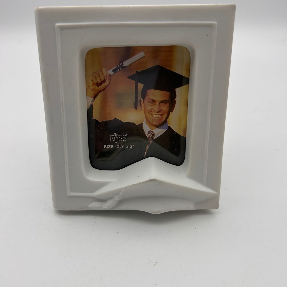 Russ Berrie Graduation Cap Tassel White Ceramic Picture Frame 2.5x3 Wallet Size